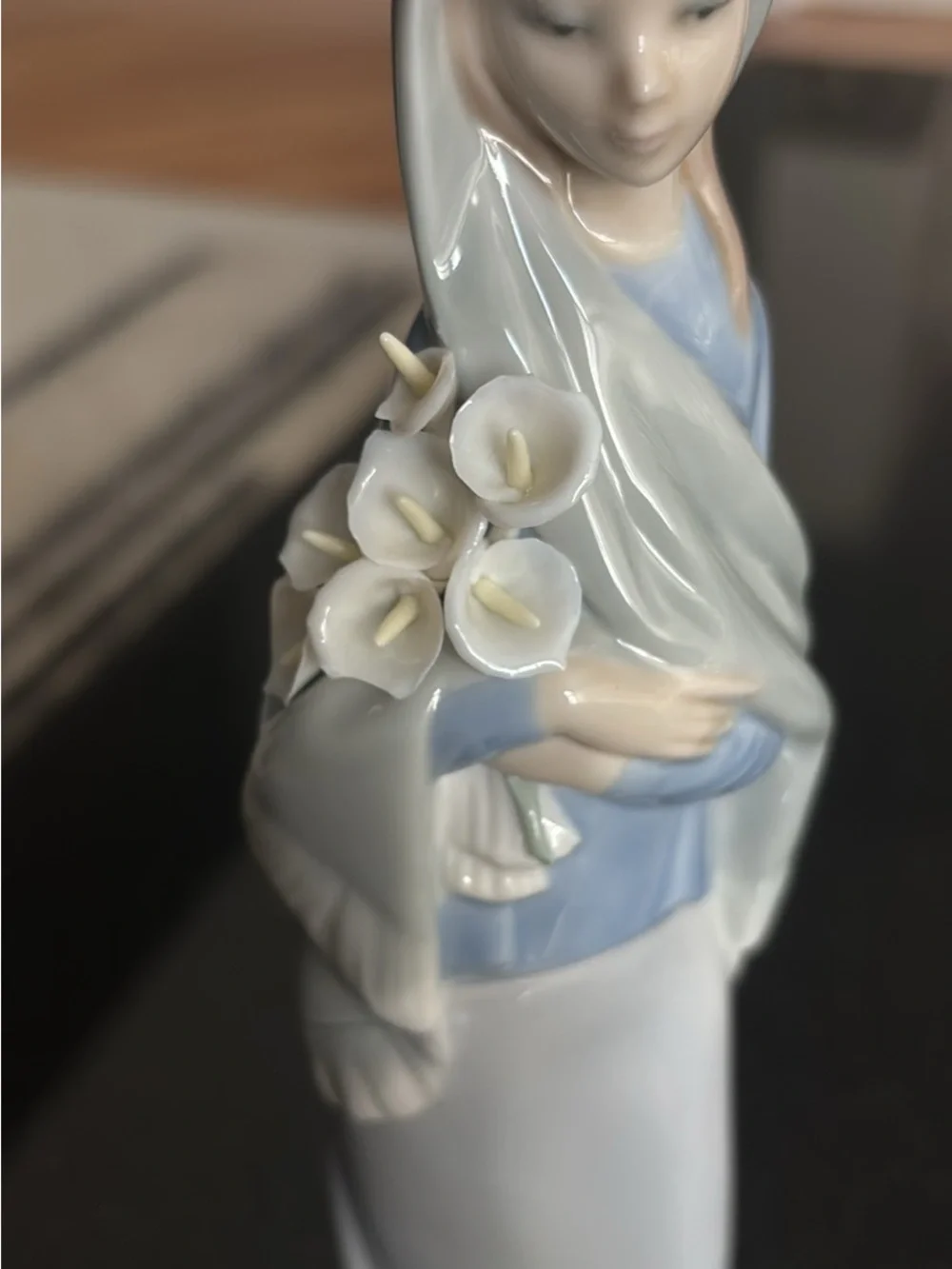 Porcelain Lladro Figurine Woman with Calla Lilies - Soft Blue and White